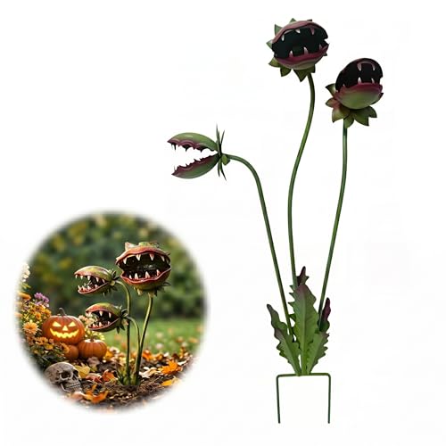 25" Metal Carnivorous Monster Plant Garden Stake - Handcrafted Iron Man-Eating Flower Sculpture, U-Shaped Base, Quirky Yard Art for Garden Patio Lawn, Durable Weatherproof Fantasy Decor Gift (1 pack)