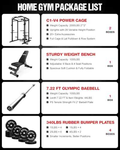 Image of C1-V4 Power Cage, 2000LBS Squat Rack with LAT Pulldown, Multi-Function Weight Cage Strength Training Machine, Workout Cage with More Attachments for Home Gym Garage