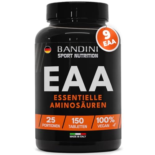 Bandini® EAA Aminosäuren Komplex | Vegane Amino Tabletten mit allen 9 essentiellen Aminosäuren | Essential Amino Pre Post Workout | Hochdosiert, vegan, ohne Zusätze, laborgeprüft, GVO-frei | 150 Tab