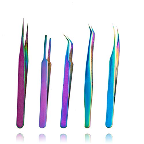 Rainbow Lash Tweezers Kit Tweezers for Eyelash Extensions Nail Art Ingrown Hair Craft Work Anti-Static Precision Stainless Steel Tweezers 5 Pcs