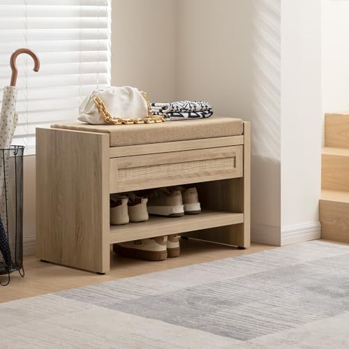 SICOTAS Rattan Shoe Bench Entryway Bench with Storage Drawer and Linen Seat Cushion, Farmhouse Boho Shoe Rack Bench with Shelf, Wooden Storage Bench for Entryway Hallway and Bedroom, Light Oak