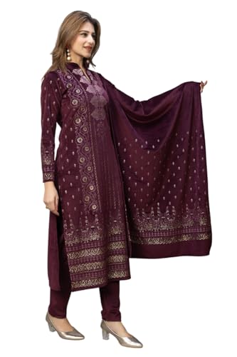 Image of HIFZAA velvet kurta palazzo set with dupatta for womens printed winter wear suit M to 4xl