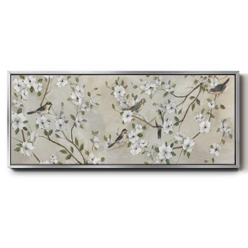 Renditions Gallery Birds Life Canvas Wall Art Songbird Flocking on Branch Floater Frame Prints & Paintings for Bedroom Office Kitchen - 8"X20" SILVER Frame GAL042