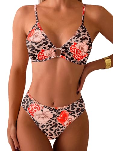 Image of Fanuerg Women's Triangle Bikini Sets O Ring Linked Two Piece Swimsuits Floral Printed Cheeky Bathing Suit