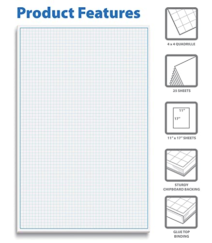 Graph Paper Pad, 17" X 11", 25 Sheets, Blue Line Border, Blueprint Paper, Double Sided, White, 4X4 Blue Quad Rule, Easy Tear Sheets, Grid Paper, Graph Paper By Better Office Products #TOP4