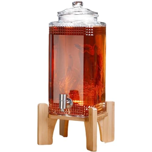 Vzfv ガラスドリンクサーバー 蛇口付き 7.5L 大容量 ステンレス製コック 密閉蓋 竹製台座 家庭用 果実酒・梅酒・ジュース・水・ビール保存容器 キッチン・パーティー・BBQに (10L+ステンレス蛇口+竹ベース)
