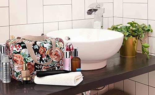 IGNPION Woman Large Travel Toiletry Bag Waterproof Wash Bag Make up Organizer Bag Cosmetic Bag Swimming Gym Bag (Black Flower)