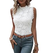 BEAUDRM Women's Elegant Floral Lace Blouse Mock Neck Sleeveless Top
