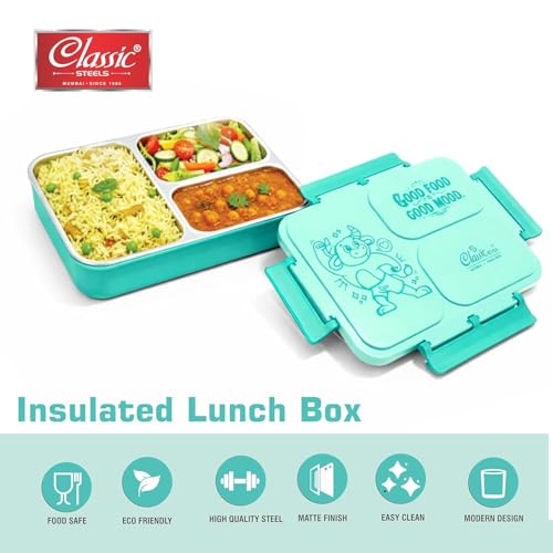 Image of Classic Steels Insulated 3-Compartment Stainless Steel Lunch Box for Kids & Adults | Leak-Proof Bento Box with Silicone Seal | BPA-Free & Food Grade, Green