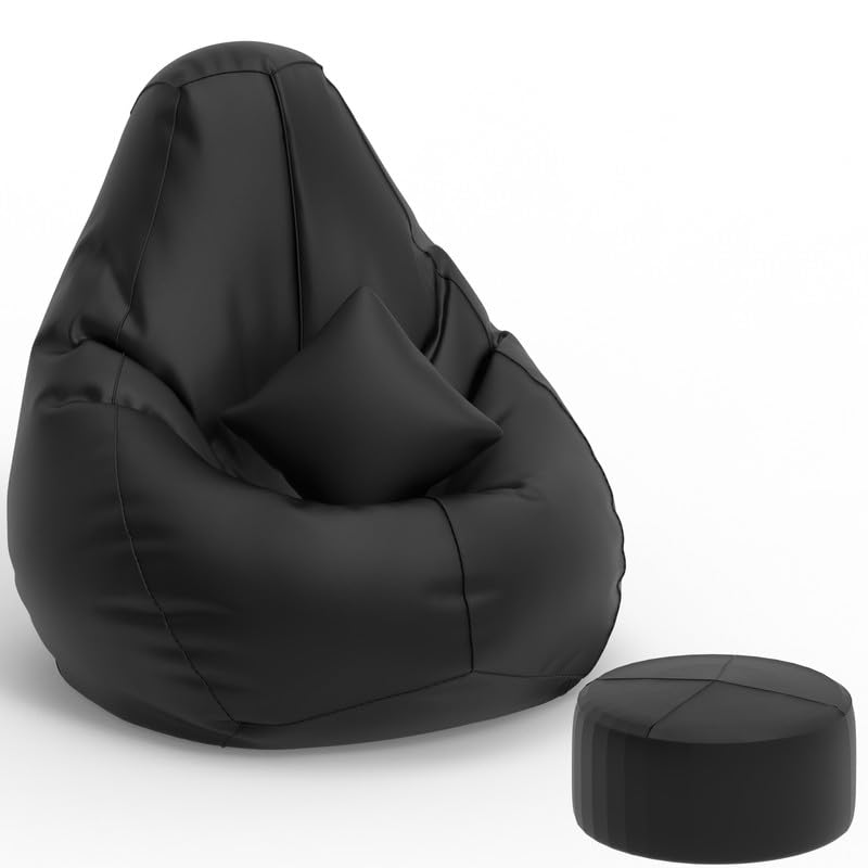 Image of Biggie Bean Bag with Beans Filled 4XL Bean Bag with Free Cushion and Footrest - Official : ElegantPuffPod Combo (Matching Color : Regular, Black), Faux Leather
