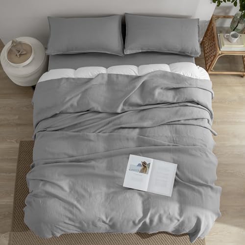 EVERLY Linen Sheets Set King Size,100% French Stonewash Pure Linen Sheets Set,4Pieces (1Flat Sheet,1Fitted Sheet,2Pillowcase) Suitable for Hot Sleepers,Deep Pocket Natural Bedding Set-Light Grey