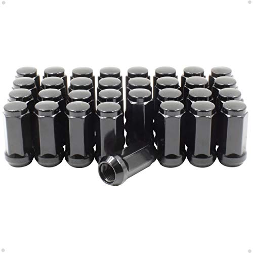 Image of Wheel Accessories Parts 32 Pcs 9 /16 inch-18 Thread Bulge Acorn 1.90 inch Long Lug Nuts Black 3 /4 inch 19mm Hex Fits Chevrolet GMC C20 K20 K30 K35 C2500 C3500 Ford F250 F350 Ram 2500 3500