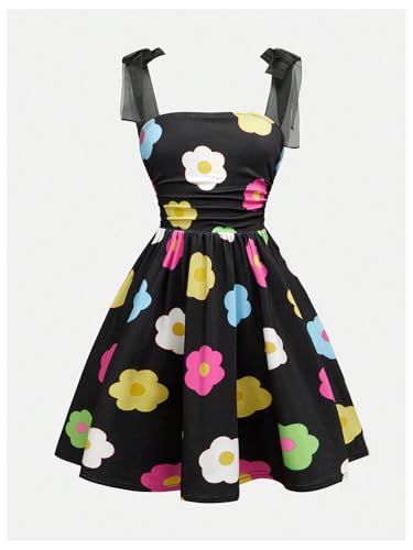 Verdusa Girl's Floral Print Tie Shoulder Dress Ruched Square Neck A Line Dresses3