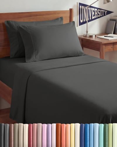 Image of Twin XL 4 Piece Sheet Set - College Dorm Room Essentials - Charcoal | Ultra Soft Dorm Bedding Set, 8 inch to 16 inch Inch Deep Pockets, 1 Flat & 1 Fitted Sheet & 2 Pillowcases, Wrinkle & Fade Free