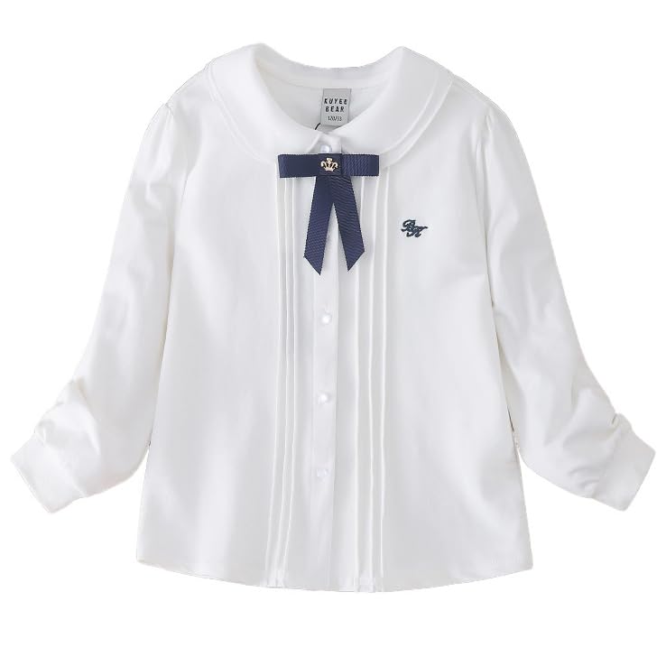 Girls Long Sleeve White Blouse with Navy Bow, Peter Pan Collar, Pleated Front