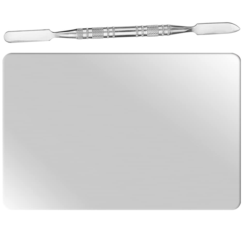 FRCOLOR 1set Stainless Steel Blending Plate with Spatula Cosmetic Mixing Tool for Foundation and Nail Pigments Professional for Artists and Learners