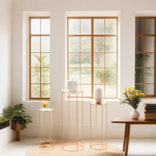 Kapaga 3pcs Gold Metal Plant Stand, Cylinder Pedestal Stands for Party, Metal Plant Columns Pedestal Stands for Display, Round Cylinder Columns tables for Weddings Cake Stand Floor Plant Tables by Kapaga - Image 7