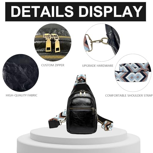 Image of FAYBA Small Sling Bag for Women Crossbody Fanny Pack, PU Leather Wide Guitar Strap Chest Sling Backpack Purse Black