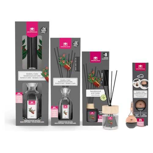 CRISTALINAS | Pack Ambientadores | Aroma Sándalo y Cedro | Mikado 180ml | Mikado 90ml | Mikado 35ml | Ambientador para coche 6ml (Sándalo y Cedro)