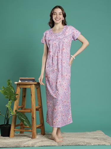 Image of 9shines Label Stylish Chikankari Cotton Nighty Maxi for Women | Full Length Nightgown | Nightdress with Pocket | Embroidery Nighty | Soft Comfortable Cotton Nightwear (1545)