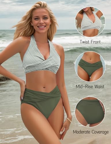 Image of Sopliagon Women's Bikini Sets Twist Front Two Piece Swimsuit Halter Bathing Suit