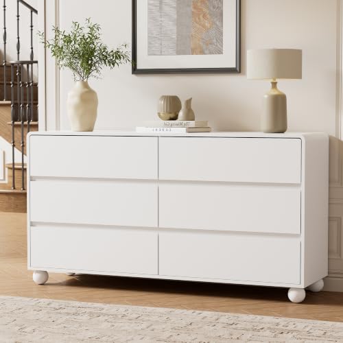 Image of Furniway Modern 6 Drawer Dresser for Bedroom, White Dresser with Curved Profile Design, Minimalist Wood Chest of Drawers for Bedroom, Living Room, Hallway Entryway