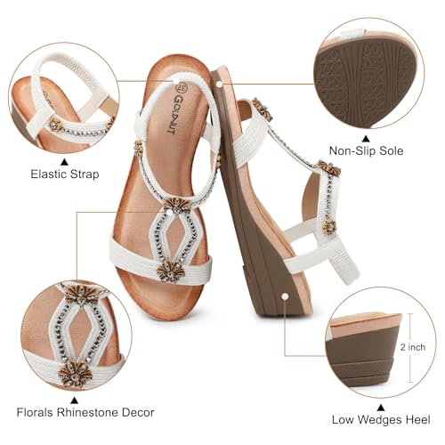 Image of Wedge Sandals for Women Dressy, Woman's Sandal Comfortable Low Wedges Heels Ankle Elastic Strap Sandles with Flower Rhinestones