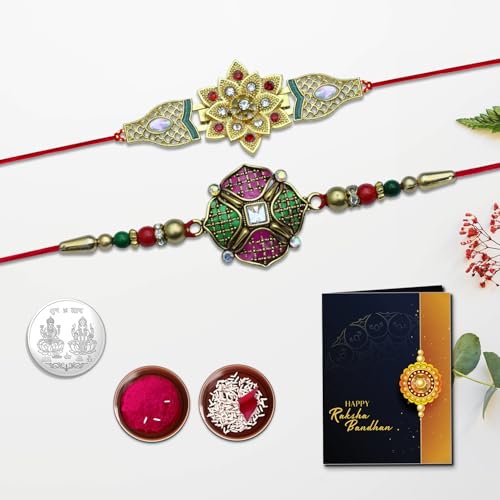 Image of Oblivion Gold Tone Kundan Flower Rakhi Set of 2 for Brother with Silver Colour Pooja Coin, Tilak Set and Greeting Card for Raksha Bandhan Celebration