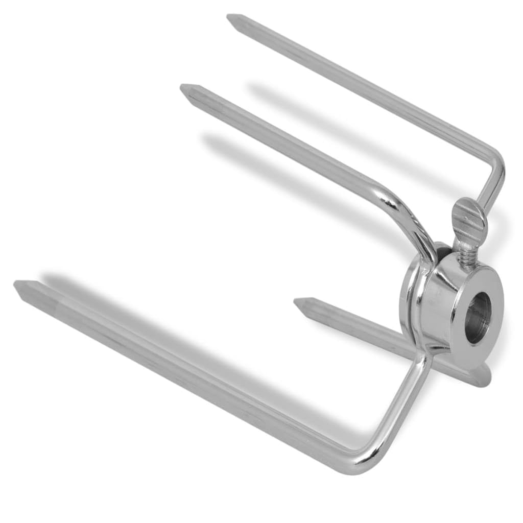 BBQ Rotisserie Horquillas de acero cromado, 2 unidades con cuatro puntas y tornillos de seguridad para brochetas de 8-11 mm, ideal para asar, ahumar, exterior y jardín