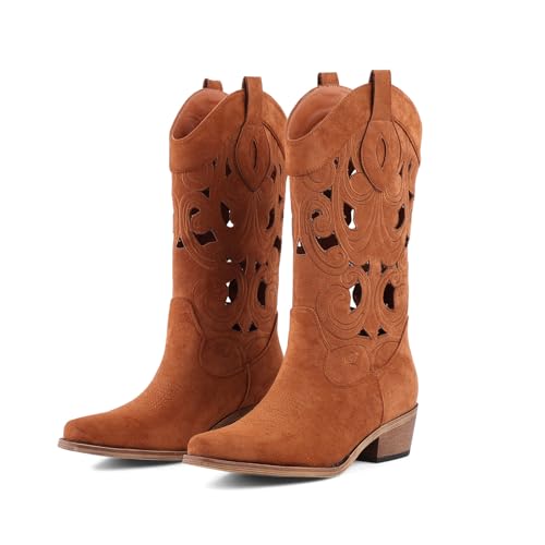 LingxiaUne Women’s Brown Western Cowboy Boots – Exquisite Cutout Design Mid Heel Suede Boots for Stylish Versatility