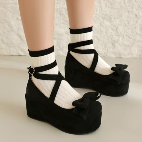 Alyaafifa Cute Lolita Mary Jane Bow Pumps for Women Platform Wedges Closed Round Toe Ankle Strap High Heel Dress Shoes Comfortable Sweet Kawaii Cosplay Prom Party3