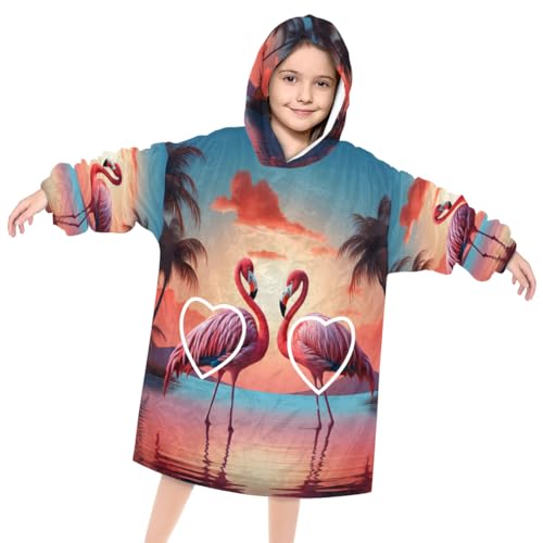 Wearable Blanket Hoodie for Kids, Charming Flamingo Fleece Sweatshirt Blanket Oversized Blanket Sweatshirt with Pocket Flannel Warm Hooded Blanket 6-10 Year Old Girl Boy Gift, One Size