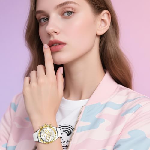 Image of OLEVS Women Dress Watches Two Tone Diamond Quartz Wristwatch, Silicone Waterproof Luminous Day Date Ladies Chronograph Gift Watch