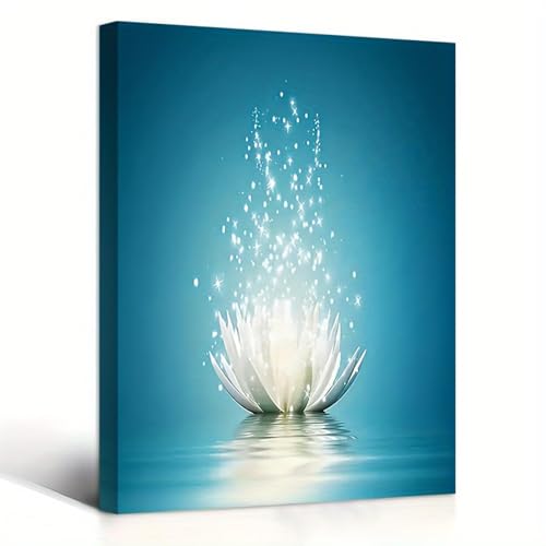 Peinture de yoga spa méditation lotus blanc tableau bleu sarcelle 90x135