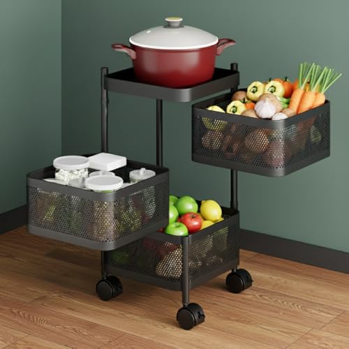 Image of KRISHYAM Kitchen Trolley with Wheels | 3-Layer Metal Vegetable Basket Stand & Kitchen Storage Rack | Multipurpose Onion Potato Rack for Kitchen | Vegetable Basket Organizer Black (3-Tier Square)
