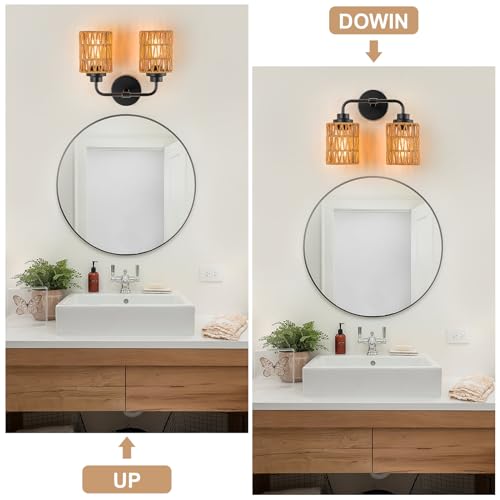 Image of Boho Bathroom Light Fixtures, 2-Light Rustic Vanity Lights Over Mirror | Hand-woven Rattan Wicker Shades, Farmhouse Rustic Vanity Lighting for Bedroom Bathroom Hallway Restroom