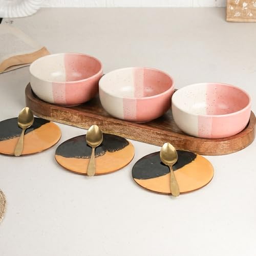 Image of The Earth Store TT Pink Matte Ceramic Bowl Serving Set - 3 Bowls (500ml Each) with Wooden Tray, 3 Spoons & 3 Multipurpose Lids /Coaster - for Snacks, Curries, Desserts & Fruits | Diwali Gift
