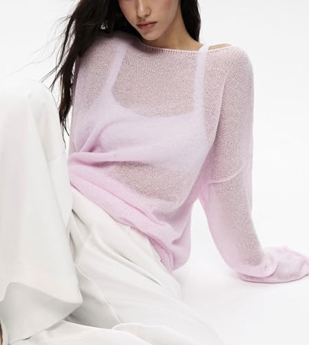 Image of Sweters for Women, Womens Sweater, O-Neck Solid Color See Through Pullover Jumper Shirt Beach