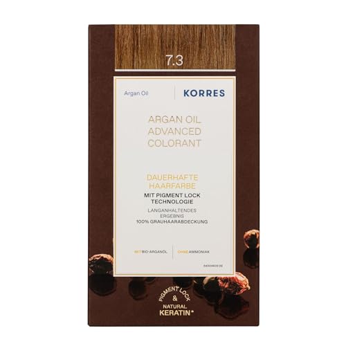 KORRES Argan Oil Colorant - tinte sin amoniaco con aceite de argán orgánico honey blonde gold 7.3-100% cobertura de canas & vegano para un resultado de color duradero