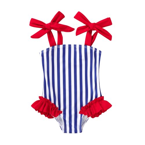 Happy Town Toddler Swimsuit Girl Solid Color Stripe One-Piece Baby Bathing Suits (Blues and Reds 9-12 Months)