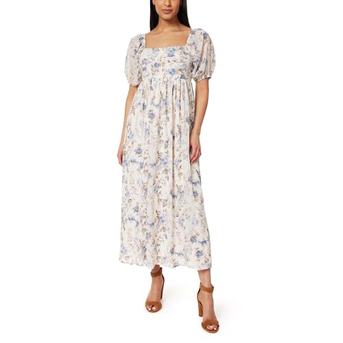 Image of WallFlower Women's Eliza Pleated Bodice Puff Sleeve Chiffon Maxi Dress