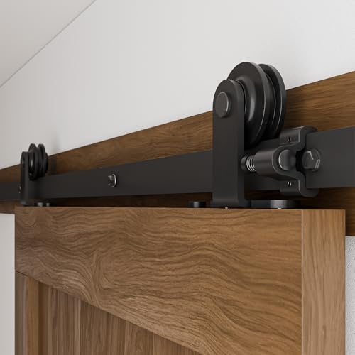 Image of CCJH 7FT Sliding Barn Door Hardware Kit, Heavy Duty, Smoothly and Silently, Easy to Install, Fit 42 inch Width Single Door Panel, T-Shaped Style Black