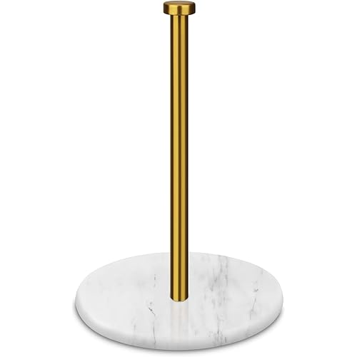 Paper Towel Holder Countertop with 7" Weighted White Marble Base - Modern Free Standing Paper Roll Holder, Brushed Gold Stainless Steel Stand Paper Towel Holder for Kitchen and Bathroom
