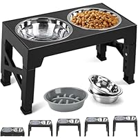 TUAHOO Erhöhte Hundenäpfe Futterstation, 5 Höhenverstellbar Futternapf für Mittlere Große Hunde mit 2×1,2L Edelstahlschüsseln und 0,8L auslaufsicherem Hundenapf