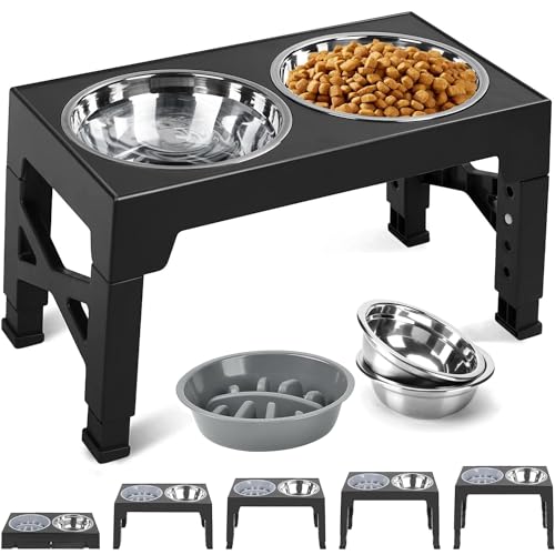 TUAHOO Erhöhte Hundenäpfe Futterstation, 5 Höhenverstellbar Futternapf für Mittlere Große Hunde mit 2×1,2L Edelstahlschüsseln und 0,8L auslaufsicherem Hundenapf