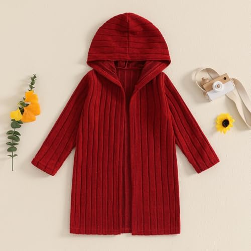 Kids Boys Girls Knit Cardigan Solid Color Hoodie Ribbed Knitwear Hooded Long Sleeve Winter Open-Front Sweater 3-8T2