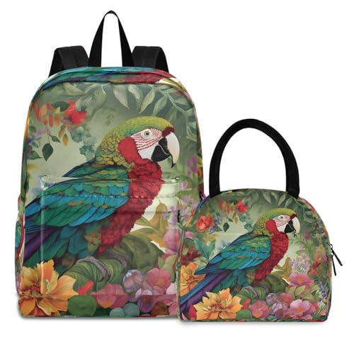 Backpack Lunch Box Set Large Capacity Travel Backpacks and Insulated Lunch Bag for Commute Hiking Picnic Flowers and Parrot Print