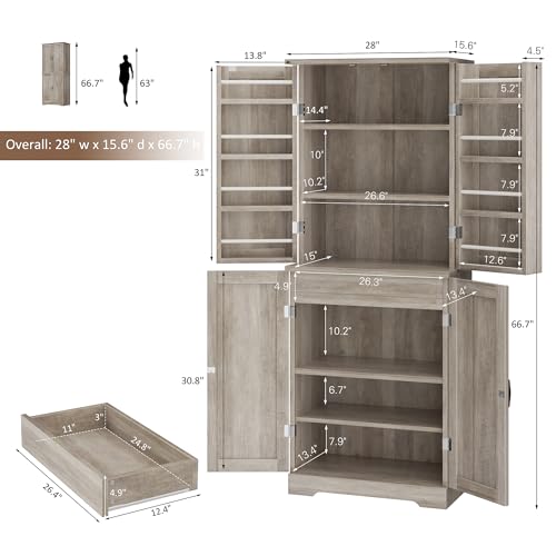 Image of Shintenchi Kitchen Pantry Cabinet, Freestanding Farmhouse Storage Cabinet with 8 Door Shelves, 2 Cabinets and 1 Drawer, Tall Cupboard for Kitchen, Living Room, Dining Room and Bathroom, Ash Gray