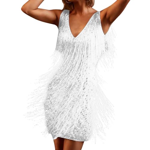 Caxndycing Vestido de mujer con flecos de los años 20, vestido de charlestón, sin mangas, estilo Greatsby, para fiestas temáticas y bailes, Blanco, M