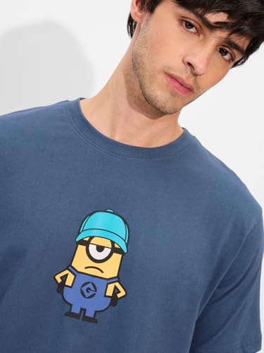 Image of The Souled Store Minions: I Love Gru Men and Boys Short Sleeves Round Neck Blue Graphic Printed Regular Fit Cotton T-Shirts